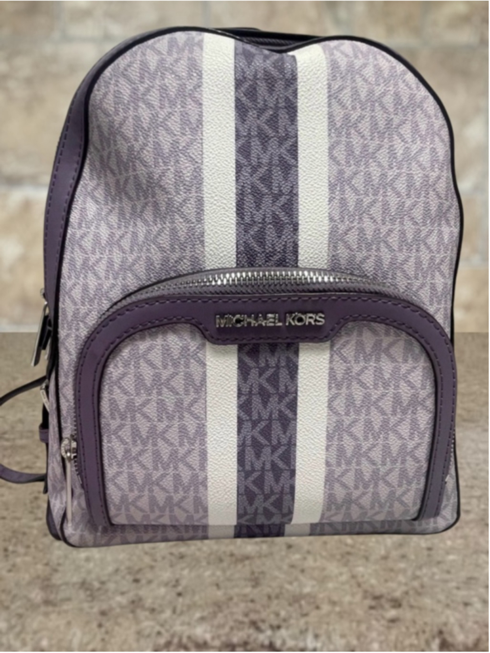 Michael Kors Jaycee Backpack MK Logo Purple & White Orchid Haze Center Stripe